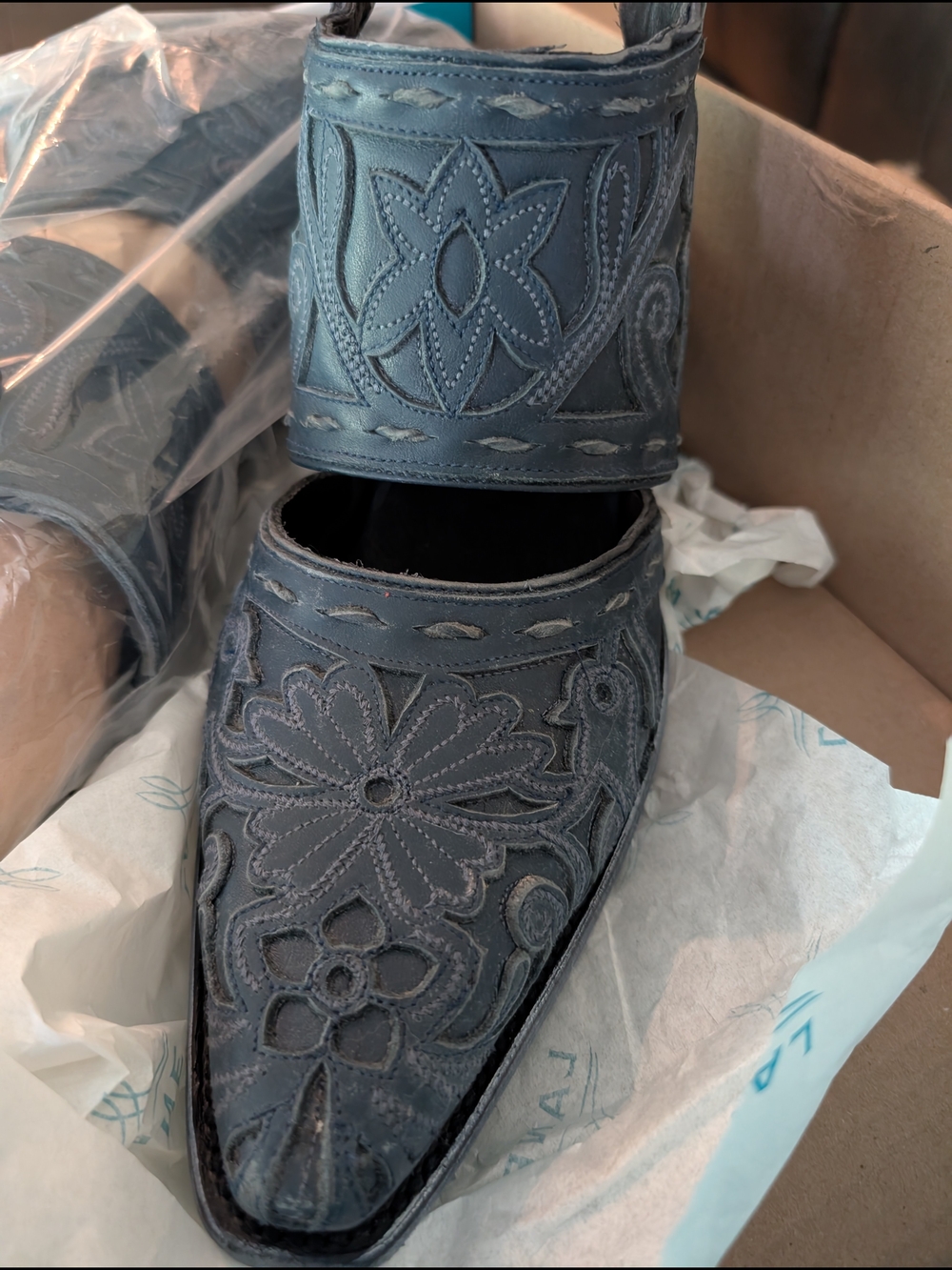 Blue Floral Embroidered Women’s Mules LANE 10.5 Distressed Midnight Blue Boots